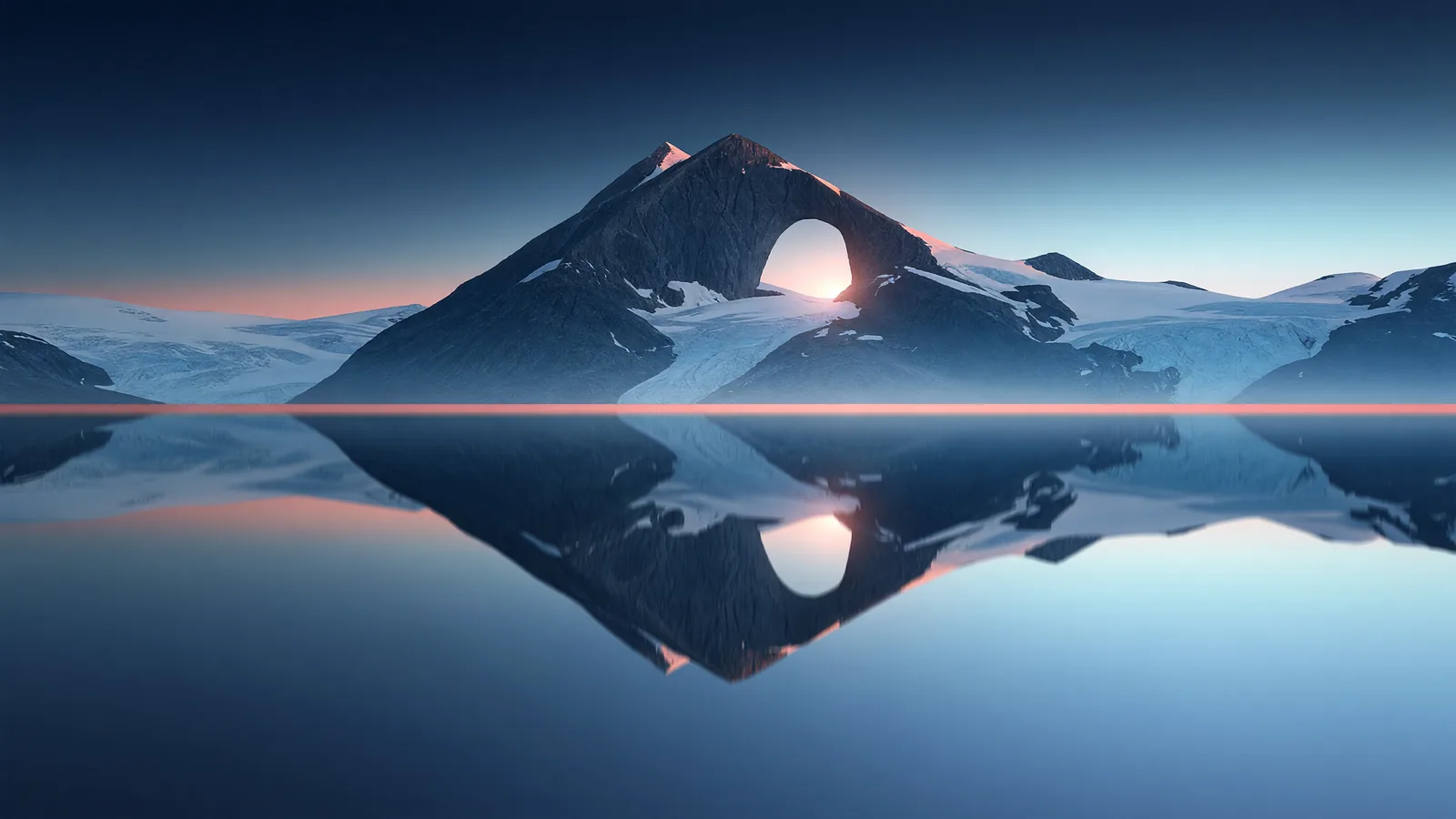 A crisp mountain arch reflected in a still alpine lake